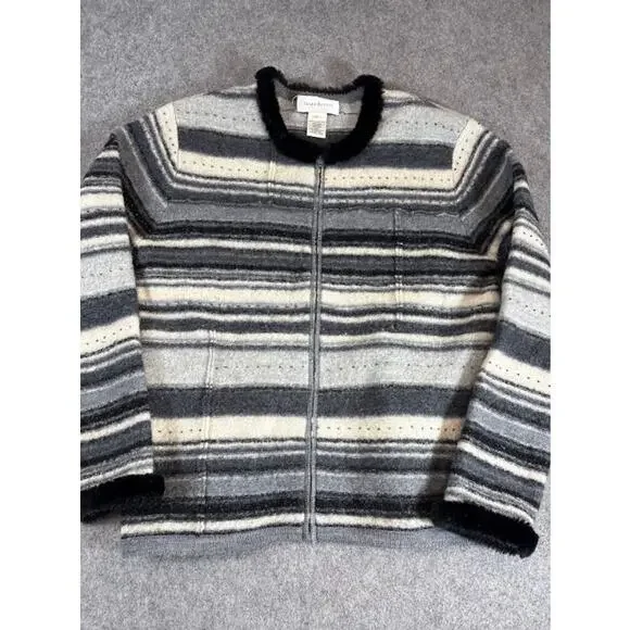 VTG Susan Bristol Hand Embroidered Wool Cardigan Womens M Striped Neutral Cozy - Picture 2 of 9
